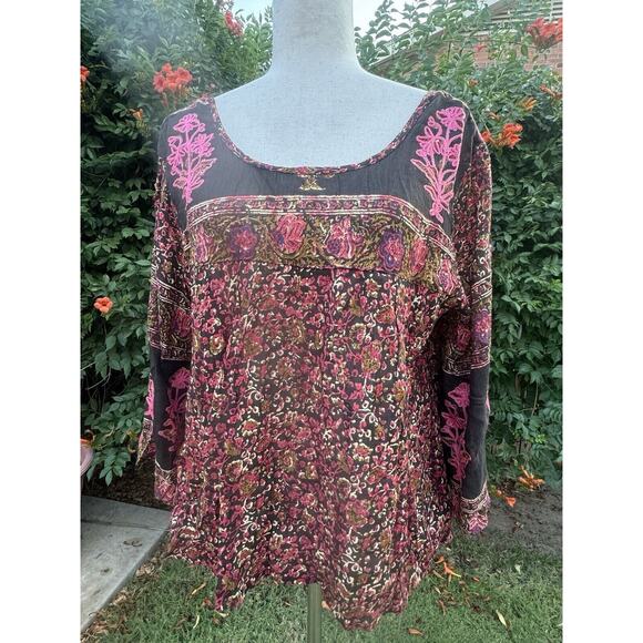 Raga Embroidered Peasant Top Crop Pink Hippie Boho Gauze Plunge Large NEW - Picture 1 of 7